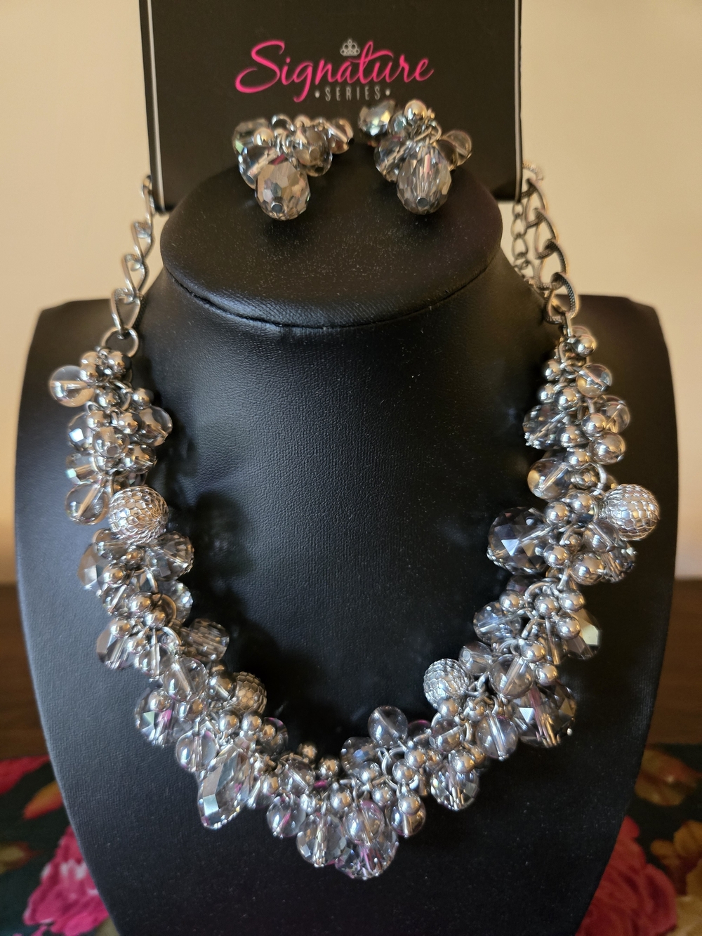 Silver Crystal Cluster Necklace and Earrings Set